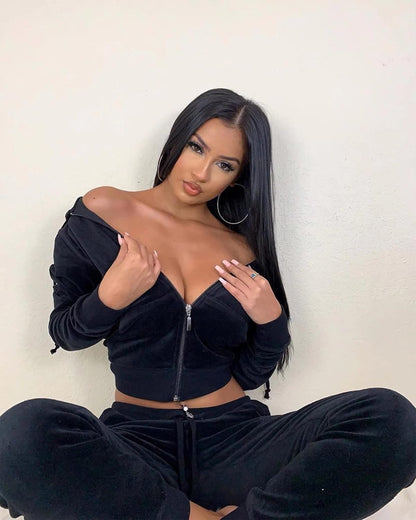 Women'S Velour Hooded Two Piece Outfits Jacket Drawstring Pants Sport Bodycon Jogging Set Tracksuit with Pockets Black S